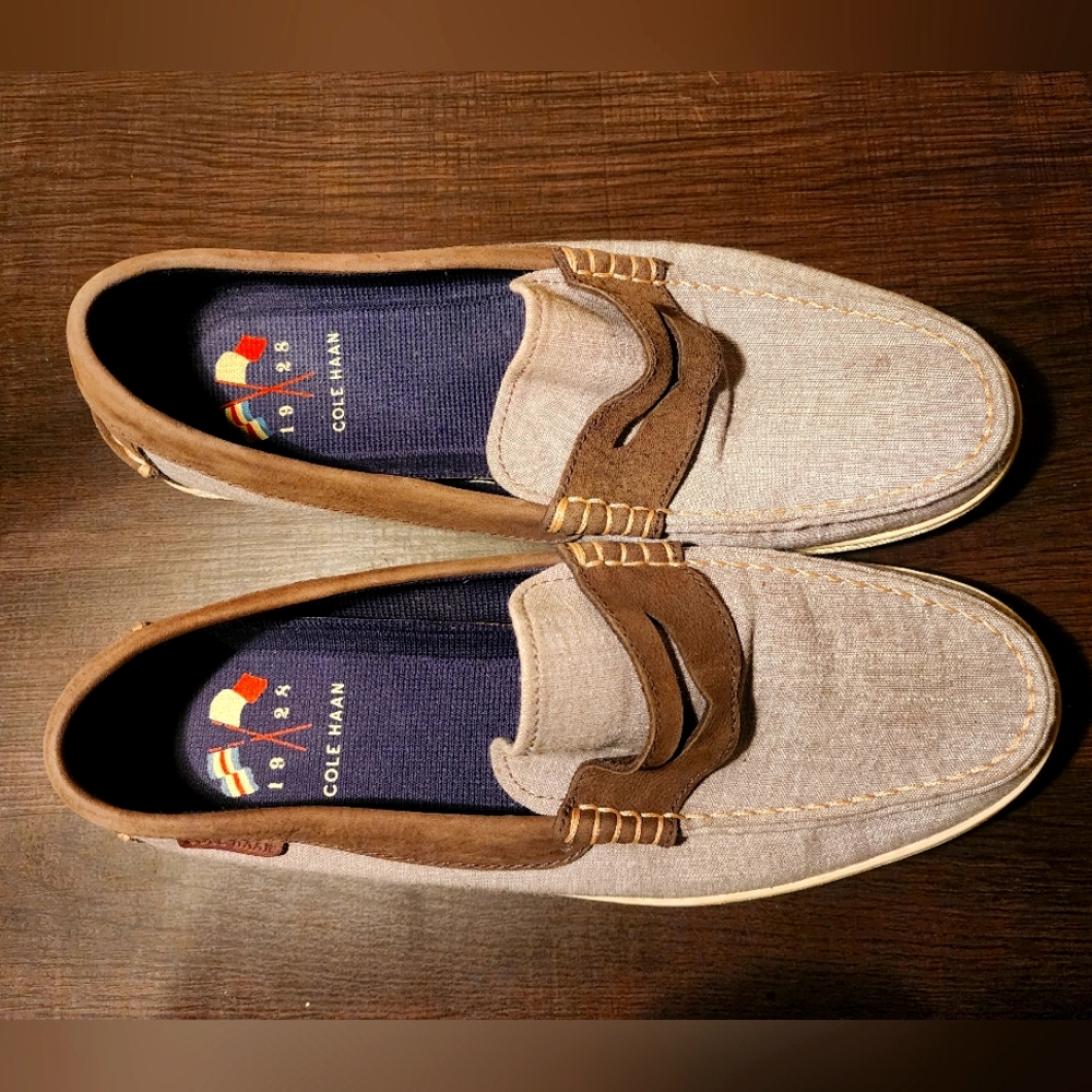COLE HAAN 1928 Mens 9.5 Gray Canvas Brown Leather Penny Loafers Boat Shoes